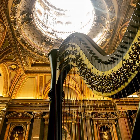 Harp and ornate ceiling